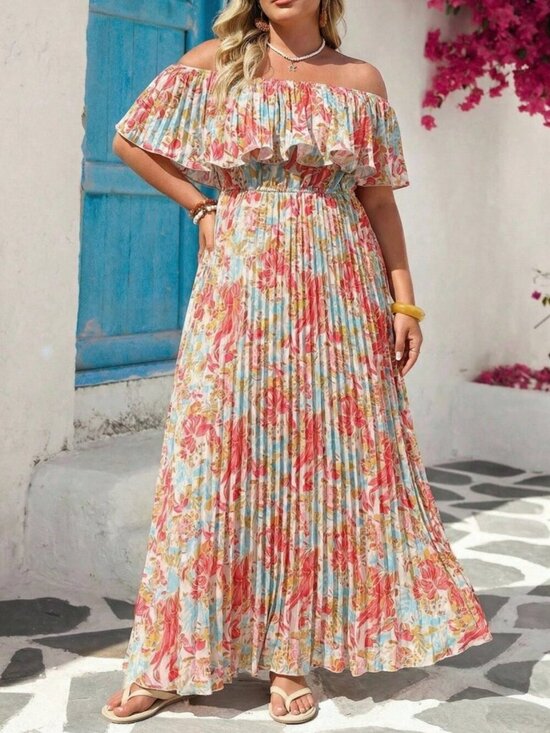 Dresses & Skirts - Pink Boho Plus Size Women's Floral Print Off-Shoulder Maxi Dress